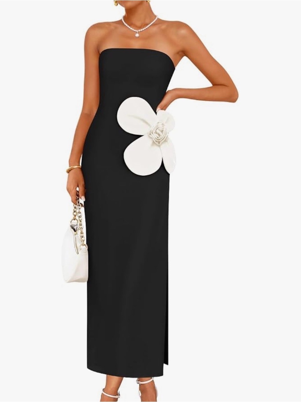 Black Strapless Maxi Dress with White Floral Applique